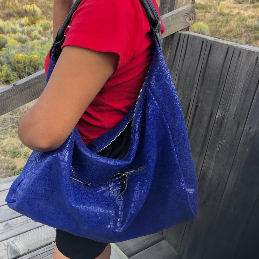 Deep Blue Textured Tote Bag with Front Zip Pocket